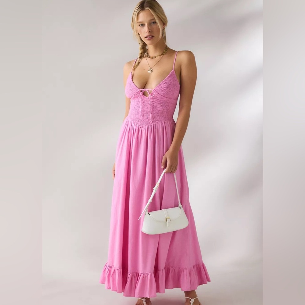 Urban Outfitters Kimchi Pink Smocked Maxi Dress with Tie-Front